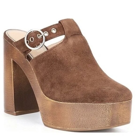 NEW Gianni Bini Sotelo Buckle Detail Suede Platform Clogs in Chesnut - Picture 1 of 1
